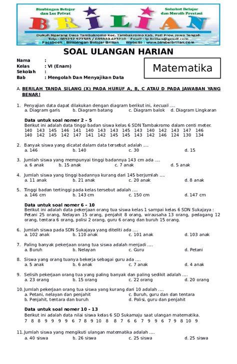 Tulis namamu di sudut kanan atas 2. (PDF) Soal Matematika Kelas 6 SD Bab 4 Pengolahan dan ...