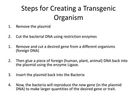 An organism that contains one or more artificially inserted genes, typically from another species. A Transgenic Organism Is: / Transgenic Organisms Genetics ...
