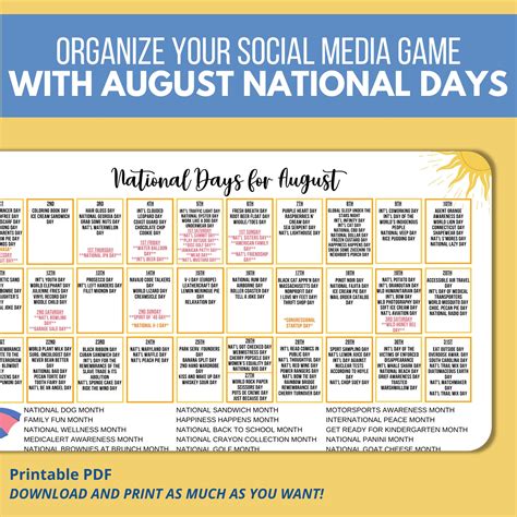 Printable August National Day Calendar Holiday Tracker At A Etsy