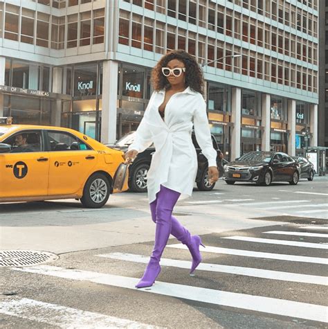 Toke Makinwa rocks N500k purple spandex Balenciaga boots on the streets 