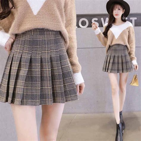 autumn winter high waisted skirts women a line pleated skirt short plaid harajuku woolen plus