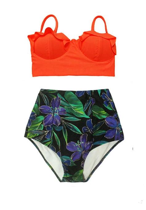 Orange Midkini Top And Paisley Flora Flora Retro Style High Waist