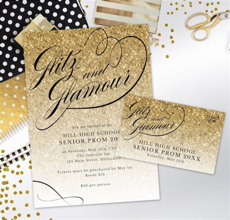 prom gold glitter fancy script glitz and glamour invitation and ticket template instant