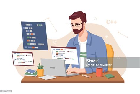 Stock Ilustrace Mužská Osobnost Se Soustředila Na Pracovní Projekt