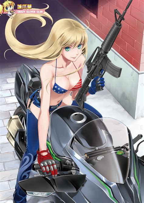 Wallpaper Gun Long Hair Anime Girls Motorcycle Weapon Chibi Stockings Cleavage Bikini
