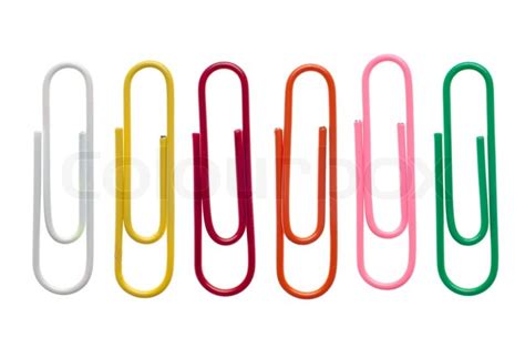 Six Colored Paper Clips In A Row Isolated On White Background Stock
