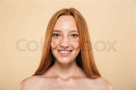 Beauty Portrait Of A Smiling Topless Redhead Girl Stock Image Colourbox