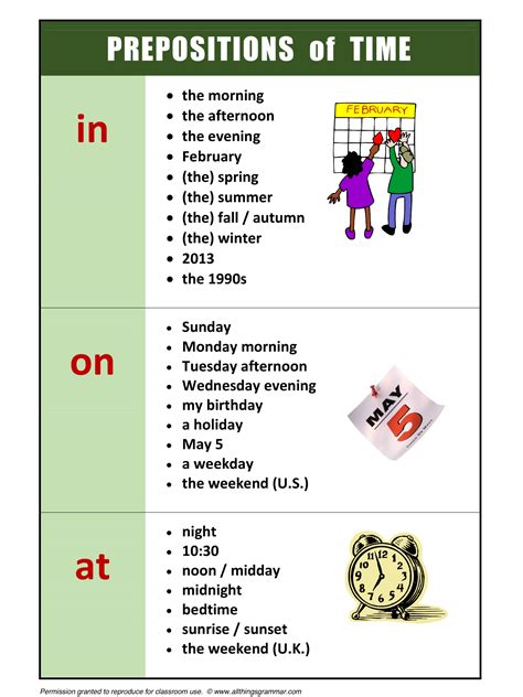 Prepositions Of Time At In On English Language Esl Efl Learn