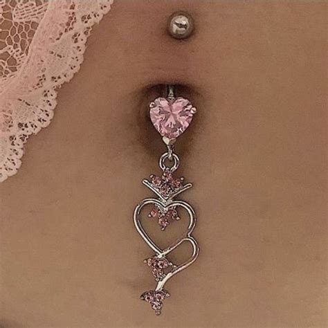 Y K Pink Crystal Heart Navel Long Belly Button Ring Belly Piercing