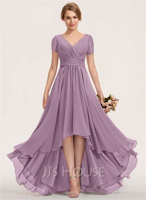 Us 12800 A Line V Neck Asymmetrical Chiffon Lace Bridesmaid Dress