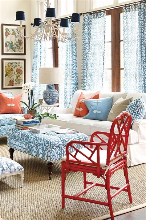 Light Blue Cream White And Red Coastal Living Rooms Living Room