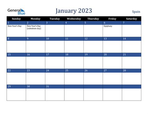 Spain January 2023 Calendar With Holidays