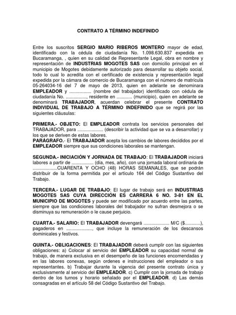 Formato Contrato A Término Indefinido Tiempo De Trabajo Salario