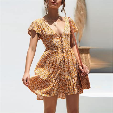 Summer Dress Women 2019 A Line Sixy Button Womens Boho Print V Neck