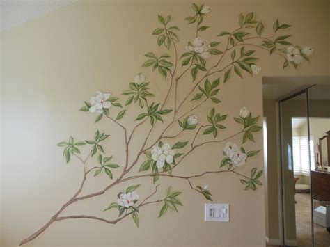 Hand Painted Magnolia Tree On Bathroom Wall Decorative Painting