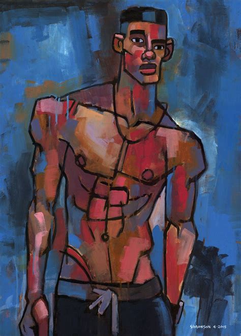 A Painting Of A Man With No Shirt On Standing In Front Of A Blue