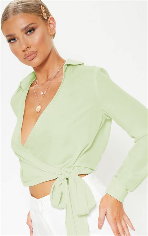 Sage Green Wrap Front Tie Side Blouse Tops Prettylittlething Usa