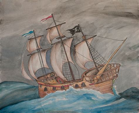 Ghost Pirate Wooden Ship Painting Matted Print