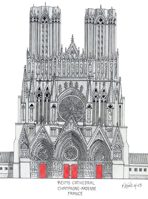 Pen And Pencil Drawing Of Reims Cathedral