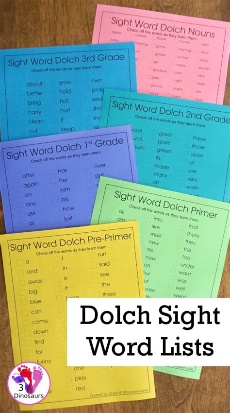 Easy To Use Dolch Sight Word Lists 3 Dinosaurs