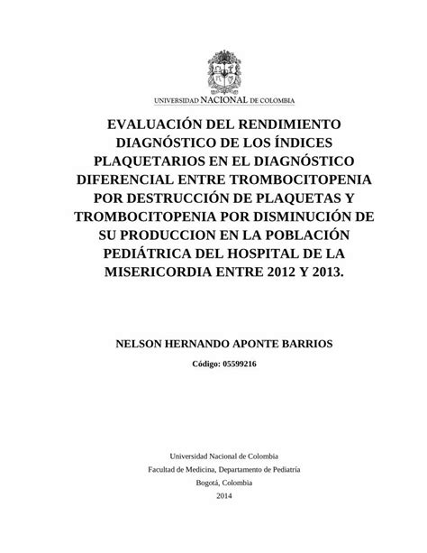 Pdf Evaluaci N Del Rendimiento Diagn Stico De Pdf Filede Trombocitopenias En Ni Os Palabras