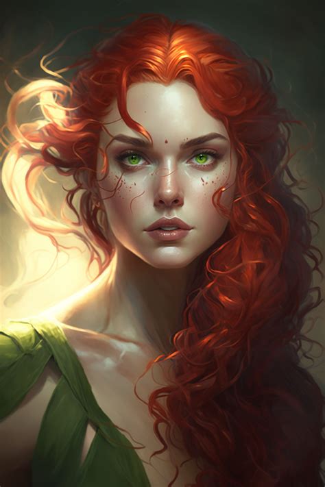 A Tall Woman With Curly Red Hair And Bright Green Eyes Beautiful Art Style By Artgerm Intric