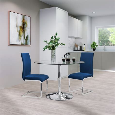 Orbit Round Dining Table And 2 Perth Chairs Glass And Chrome Blue Classic