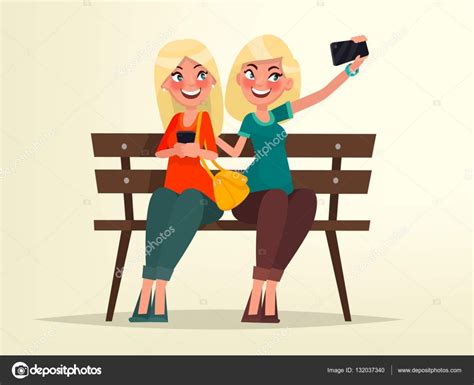 Two Blonde Girls Sitting On A Bench Are Doing Selfie Stock Vector Image By ©