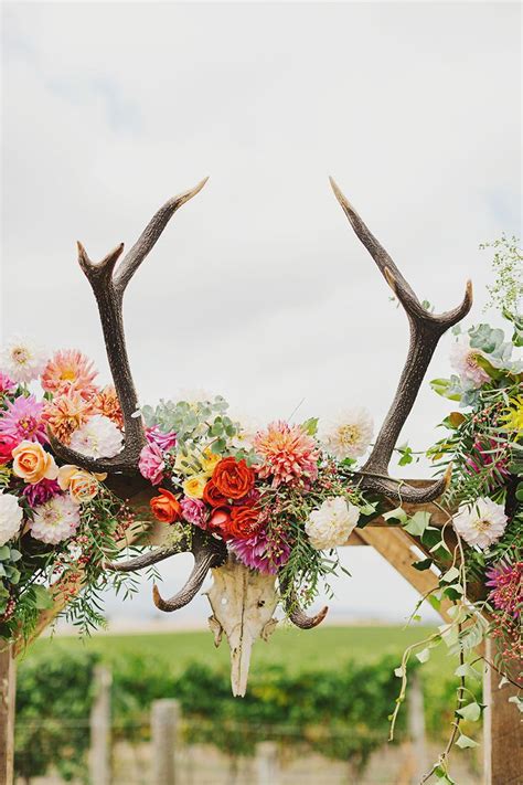 Coloful Floral Rustic Wedding Arch With Antlers Deer Pearl Flowers