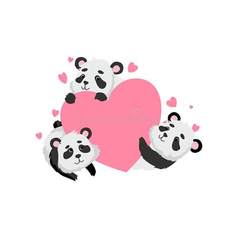Panda Bears Holding Pink Heart Sveglio Illustrazione Animale Adorabile