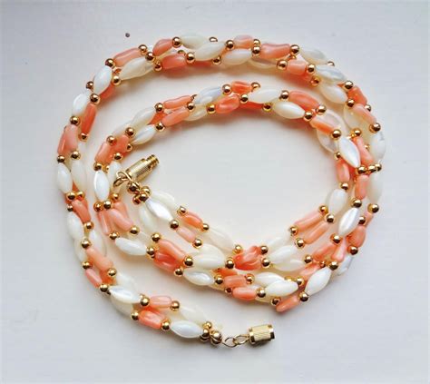 Salmon Coral Mother Of Pearl 3 Strand Necklace Beaded Jewelry Coral