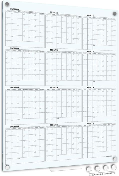 Magnetic Glass Whiteboard Yearly Calendar Planner White