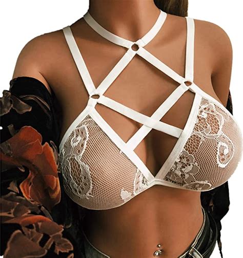 Eyicmarn Harness Bra Womens Bralette Sheer Lace Floral Cage Bra