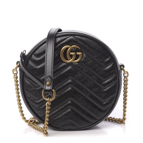 Gucci Calfskin Matelasse Mini Gg Marmont Round Shoulder Bag Black 617370