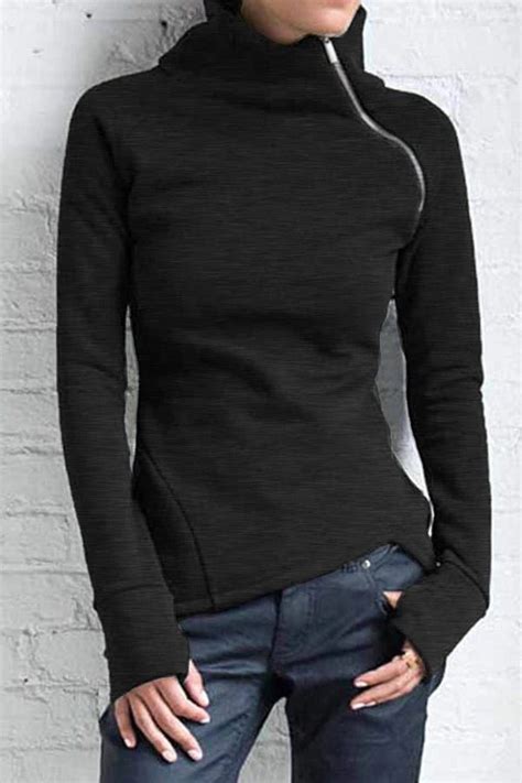 Solid Diagonal Zipper Turtleneck Paneled Irregular Hem Sweatshirt