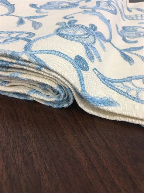 Blue White Embroidered Cotton Linen Fabric Fashion Home Decor Fabric