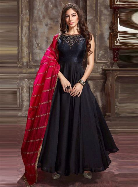 Black Satin Readymade Ankle Length Anarkali Suit 115880 Indian Dresses Indian Designer