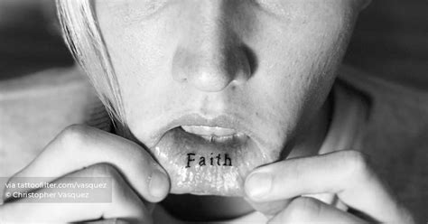 Faith Lettering Tattoo On The Inner Lip