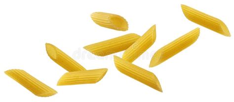 Falling Italian Penne Rigate Pasta Isolated On White Background Stock
