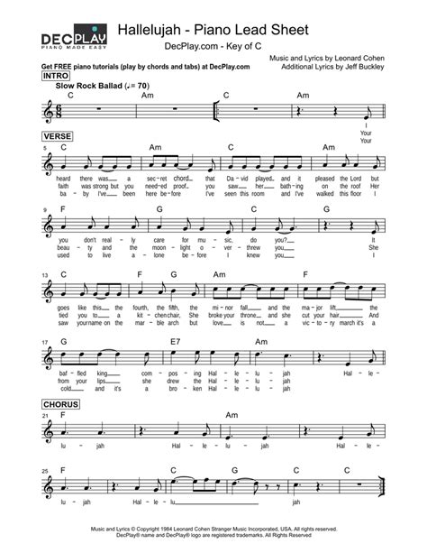 Hallelujah Sheet Music G Major Hallelujah Cohen Sheet Leonard Song Piano Major Key Composed