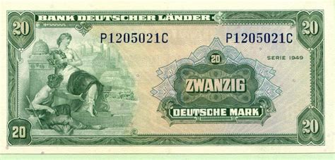 Brass plating partly stretched over steel core, orientation is random. Deutschland, 20 Mark 1949 Bank Deutscher Länder, I- | MA-Shops