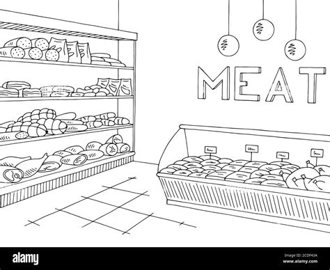 Tienda De Carne Gráfico Tienda Interior Blanco Negro Dibujo Ilustración
