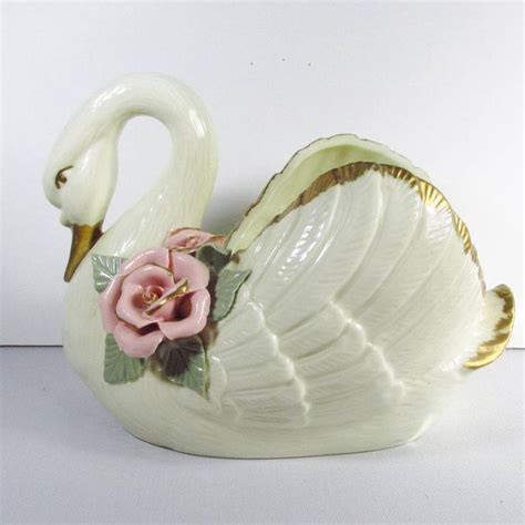 Swan Planter With Porcelain Rose Decor Vintage 1950s Etsy Rose