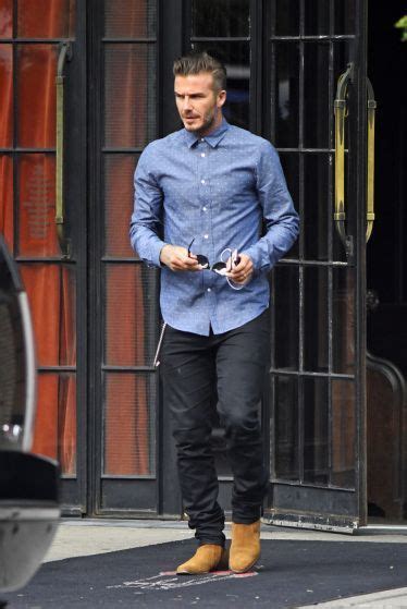 David Beckham Wearing Blue Polka Dot Chambray Long Sleeve Shirt Black