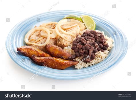 Delicious Cuban Dinner With Roast Pork Black Beans And Rice And Fried