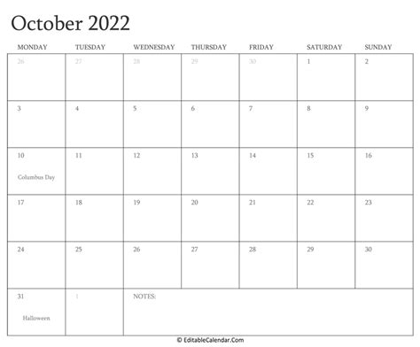 Editable Calendar October 2022