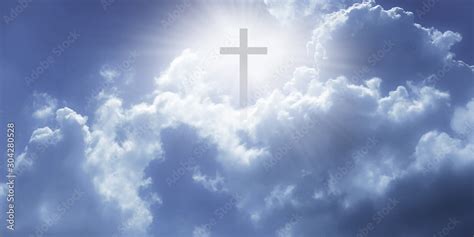 Christian Cross Appeared Bright In The Sky With Soft Fluffy Clouds