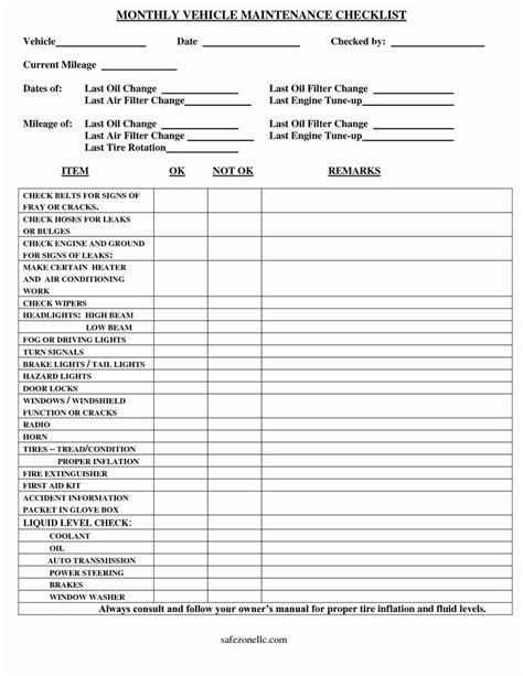 Vehicle Maintenance Checklist Excel Inspirational Vehicle Checklist