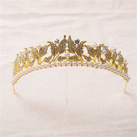 fashion crystal simulated pearl jewelry golden bridal tiara crown wedding hair accessories