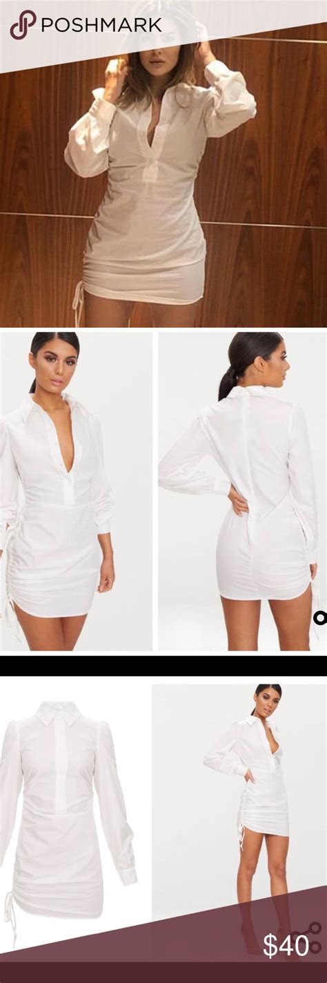 Pretty Little Thing Ruched Side Fitted Shirt Dress White Shirt Dress